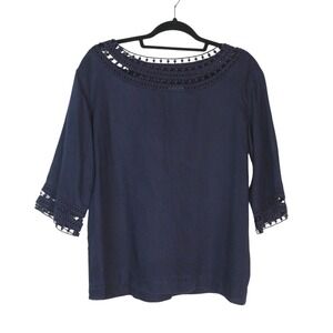 J. Jill Love‎ Linen Womens 3/4 Length Sleeve Blue Blouse Lace Detail Size S
